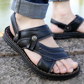 Мужские летние новые сандалии и тапочки Мужские кожаные сандалии Взрослые пляжные туфли на толстой подошве Нескользящие кожаные сандалии с открытым носком