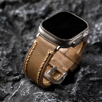 Немецкий кожаный ремешок из воловьей кожи для Iwatch Apple Watch Ultra 8 Generation 7 49MM 45MM Утолщенные мужские винтажные светло-коричневые