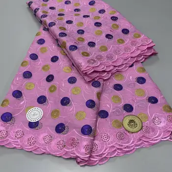 Новая африканская 100% хлопковая кружевная ткань высокого качества 2024 розовая нигерийская швейцарская вуаль кружевная ткань 5 ярдов с камнями для вечернего платья