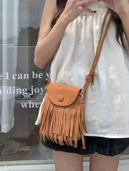 Новая замшевая женская сумка в стиле ретро в этническом стиле, нишевая сумка с матовой кисточкой, мягкая кожа, универсальная сумка через плечо