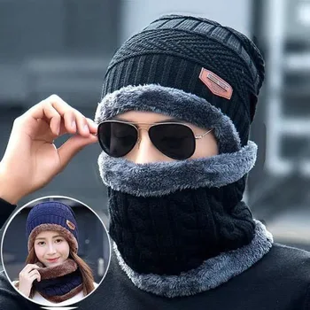 Новая зимняя вязаная шапочка для мужчин и женщин на открытом воздухе теплое утолщение плюс бархатная свободная зимняя шапка с шарфом бренд зимняя лыжная маска шапка