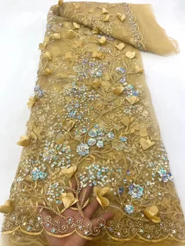  Новейшая кружевная ткань с пайетками 2023 Дубай Вышивка Африканская кружевная ткань 3d Цветочная сетка Бисерное кружево Свадебный портной Платья для вечеринок