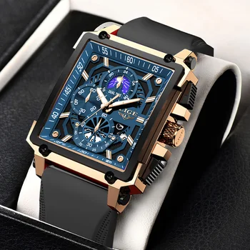  Новые мужские часы LIGE Лучшие бренды Роскошные полые квадратные спортивные часы для мужчин Мода Силиконовый ремешок Водонепроницаемые кварцевые наручные часы + коробка