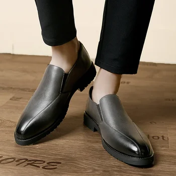 Новые черно-серые лоферы для мужчин с круглым носком Pu Dress Shoes Handmade Business Slip-On Весна Осень Размер 38-47