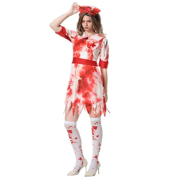 Новый Хэллоуин Пятна Крови Женщина Медсестра Вампир Зомби Косплей Макияж Мяч Сцена Ролевое Платье