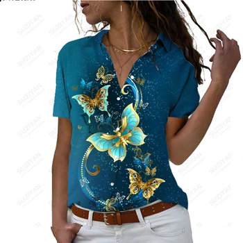 Новый женский рубашка с коротким рукавом Повседневный стиль Свободный кардиган на пуговицах Простая рубашка-поло с принтом Лето Горячая продажа Женский топ