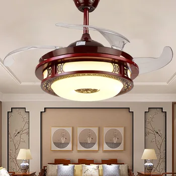 Новый китайский вентилятор лампа невидимый потолочный вентилятор лампа ресторан лампа без звука светодиодная лампа из массива дерева ретро кабинет подвесной светильник с дистанционным управлением