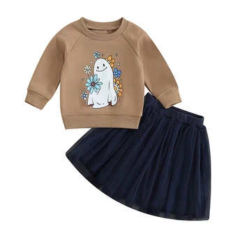  Одежда для девочек из 2 предметов Толстовка с длинным рукавом и цветочным принтом призрака и юбка из тюля