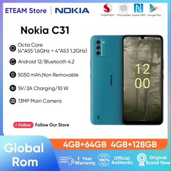 Оригинальная Nokia C31 4 ГБ + 128 ГБ 4G 6,74 дюйма HD+ Дисплей 5050 мАч Аккумулятор IP52 Водонепроницаемый 13 МП Тройная камера 2 SIM-карты