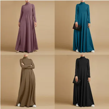 Осеннее платье с высоким вырезом и длинными рукавами для женщин Мода Однотонное мусульманское платье Свободный ближневосточный повседневный элегантный абайя для женщин