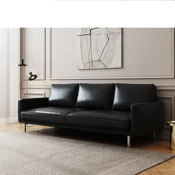 Первый слой воловьей кожи Современный простой итальянский экспрессия Минималистичный трехместный кожаный диван в стиле ретро