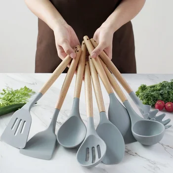 Пищевая силиконовая посуда Посуда с антипригарным покрытием, силиконовая ложка-шпатель, кухонный инструмент, деревянная ручка, серая кухонная утварь