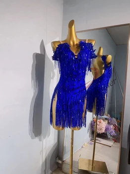 Платье для латиноамериканских танцев Высококачественное индивидуальное синее платье для танцев с бриллиантами Cha Tango Женская сцена для взрослых Профессиональная одежда