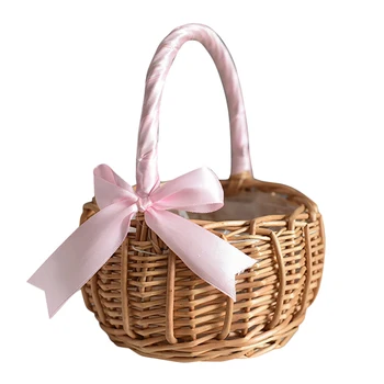 Плетеная корзина для цветов, с ручкой и розовой лентой, корзины для свадебных цветочниц, для украшения домашнего сада