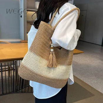  Плетеная соломенная сумка большой емкости 2023 Новая летняя богемная сумка через плечо Текстура класса Commuter Holiday Tote Bag