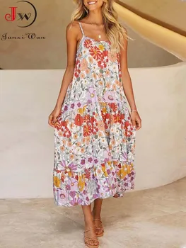 Повседневное элегантное платье с цветочным принтом для женщин 2023 Лето Свободное Slip Party Holiday Beach Длинные платья
