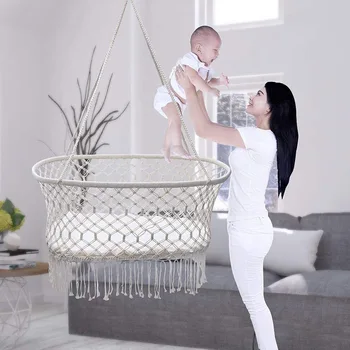 Подвесная плетеная корзина Детский гамак Колыбель Качели Кровать Гамак для новорожденных Подходит для 0-6 месяцев Baby White