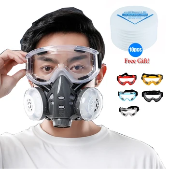  Полулицевая маска Пылезащитные очки 10 фильтров Двойные фильтры KN95 Пылезащитная маска Респиратор для плотника Строитель Полировка Сейф