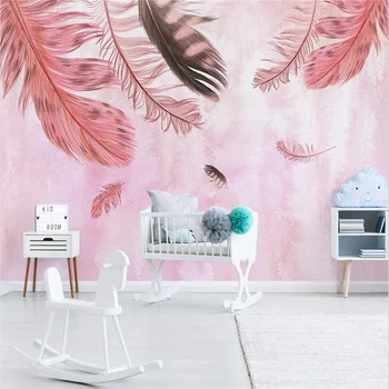 Пользовательские обои 3d современный минималистичный ручной росписи розовые перья фрески маленькая свежая скандинавская гостиная спальня телевизор фоновая стена