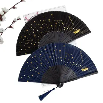 Портативные винтажные складные вентиляторы Звездный узор Шелковый ручной веер Бамбуковый веер с кисточками Китайский японский стиль Танец Свадебная услуга