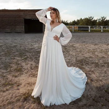 Простые свадебные платья больших размеров с V-образным вырезом Шифон Свадебное платье с длинным рукавом Sweep Train Оверсайз Платье невесты в стиле бохо Robe de Mariee