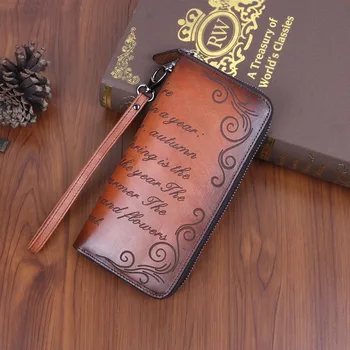 Ретро длинный кошелек с текстом из воловьей кожи растительного дубления с высококачественной сумкой для карт и ручной сумкой