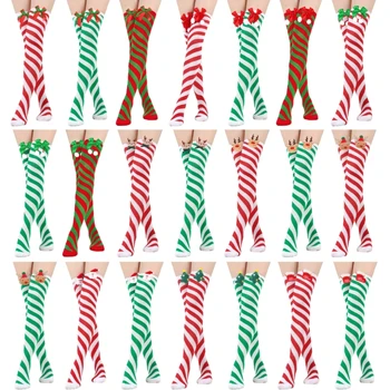 Рождественские длинные полосатые носки через колено, бедро, высокие чулки, бант над коленом, носки для косплей-вечеринки для взрослых