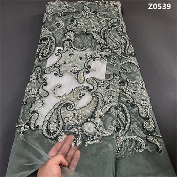 Роскошная африканская кружевная ткань 2023 Бисерная сетка Пайетки Вышивка Зеленые платья для вечеринок для женщин Тюлевые ткани Шитье 5 ярдов Метры