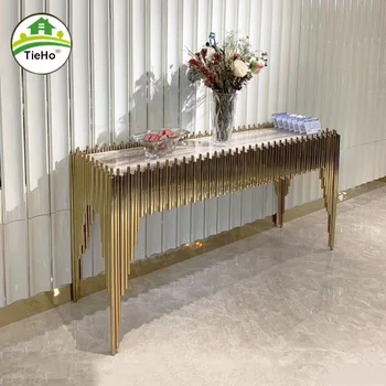 Роскошный консольный стол из натурального мрамора Гостиная Холл Современный минималистичный длинный приставной столик Журнальный столик Мебель Индивидуальное золото