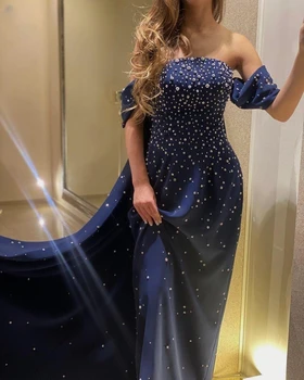 Санторини Темно-синие выпускные платья 2024 Роскошное вечернее платье для вечеринок с открытыми плечами и бисером с длинным шлейфом Vestidos de Noches