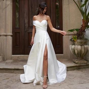 Свадебные платья с открытыми плечами Атласное платье невесты Bobo Beach A-Line Боковой разрез Настроить по размерам Потрясающий халат De Mariee