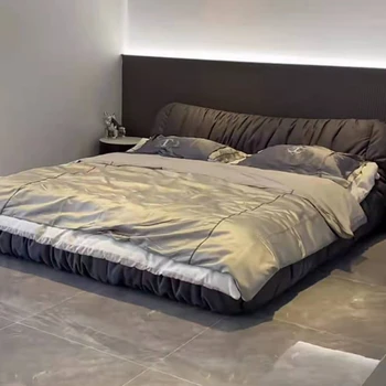 Светлая роскошная современная минималистичная главная спальня двуспальная кровать скандинавская технология тканевая кровать татами палуба раскладная кровать