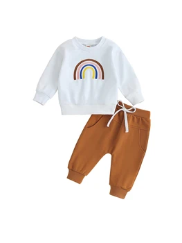 Симпатичный детский унисекс наряд красочный свитшот с радужным узором и длинным рукавом с круглым вырезом и брюки на осень и зиму