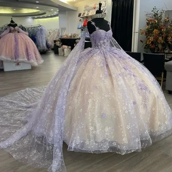 Сиреневое блестящее платье принцессы Quinceanera с накидкой аппликация из бисера корсет sweet 15 16 Платье Vestidos de XV Anos