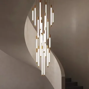 Современная светодиодная люстра для лестницы Роскошный новый дизайн Внутренний блеск Гостиная Вестибюль Золотая подвесная лампа Длинный светильник для фойе