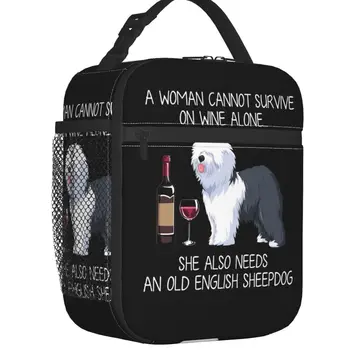  Староанглийская овчарка и вино Термоизолированная сумка для ланча Забавная собака Животное Обеденный контейнер Работа Школа Путешествия Хранение Коробка с едой