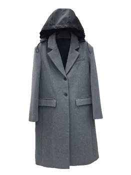Твидовый пиджак, версия капюшона с длинной талией, с дизайном пояса, теплая и уютная, 2023 зима, новинка 1030