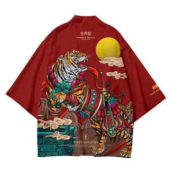 Тигровый принт Самурайская рубашка Одежда Традиционное кимоно Хаори Женщины Мужчины Японское Аниме Азиатская уличная одежда Кардиган Юката Косплей