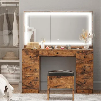 Туалетный столик с большим зеркалом со светодиодной подсветкой и розеткой Деревянный комод для прически в спальне Ящик для макияжа