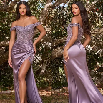  Фиолетовый высокий разрез русалка вечерние платья с открытыми плечами аппликация цветы элегантный атлас для женщин вечерние платья