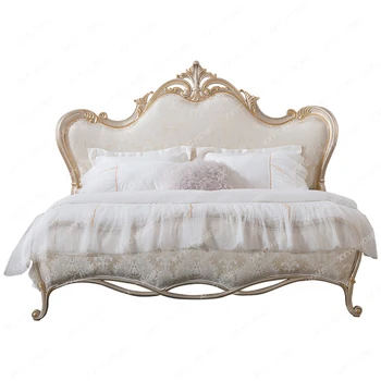 Французская ретро жаккардовая ткань двуспальная кровать с золотой резной 1,8 м главная спальня брачная кровать европейская мебель из массива дерева