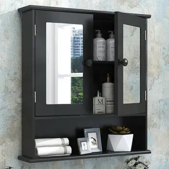 Черная аптечка,Аптечки для ванной комнаты с зеркалом 2 двери 3 открытые полки,Шкаф для ванной комнаты Настенный деревянный