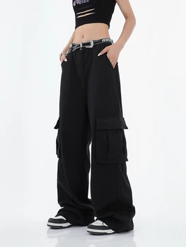  Черные брюки-карго Джинсы Карманы Женские прямые брюки оверсайз Harajuku Vintage 90S BF Style Брюки с высокой талией Широкие штанины Мешковатые