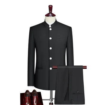 Элегантный костюм для мужчин Мода Китайский Стиль Стойка Шея Черный Серый Жених Свадебное Платье Мужской Мао Костюм 2 Шт Блейзер И Брюки
