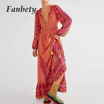 Элегантный узор бохо вышивка бахрома свободные макси платья женщины элегантное длинное платье на шнуровке осень с полным рукавом винтаж вечернее платье