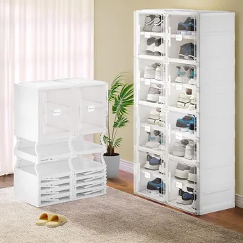 Ящик для хранения в шкафу для обуви, складной ящик для обуви с дверцей, штабелируемый прозрачный шкаф для обуви на 2-16 отделений без установки