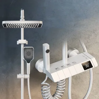 белый термостатический смеситель для душа с цифровым дисплеем латунный смеситель для ванны для ванной комнаты с полкой гидроэнергии