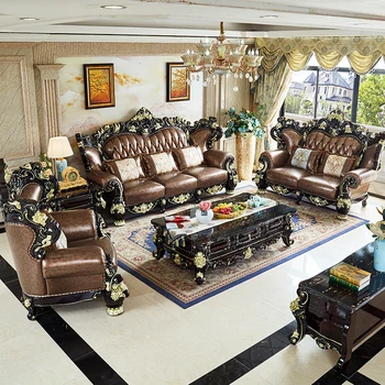 кожаный диван в европейском стиле, комбинация резьбы по массиву дерева, роскошная гостиная на первом этаже, мебель из черного сандалового дерева