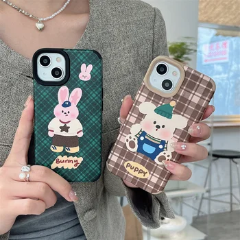 корейский милый кролик медведь плед узор чехол для телефона для iPhone 15 Pro 11 12 13 14 Pro Max Чехол Кожаные мультяшные силиконовые чехлы для девочек