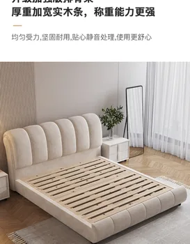  кремовый стиль тканевая кровать современная простая татами двуспальная кровать основная кровать 1,5 м ткань художественная кровать мягкая свадебная кровать